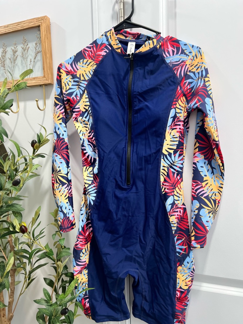 Women's Long Sleeve Navy and Tropical Print One-Piece Swim Suit - Picture 2 of 5